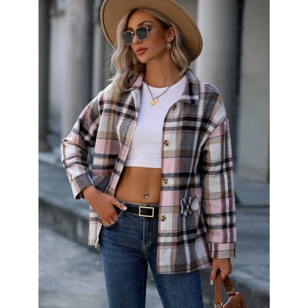 preppy Plaid Overcoat boyfriend trucker shacket jacket - Picture 3 of 8